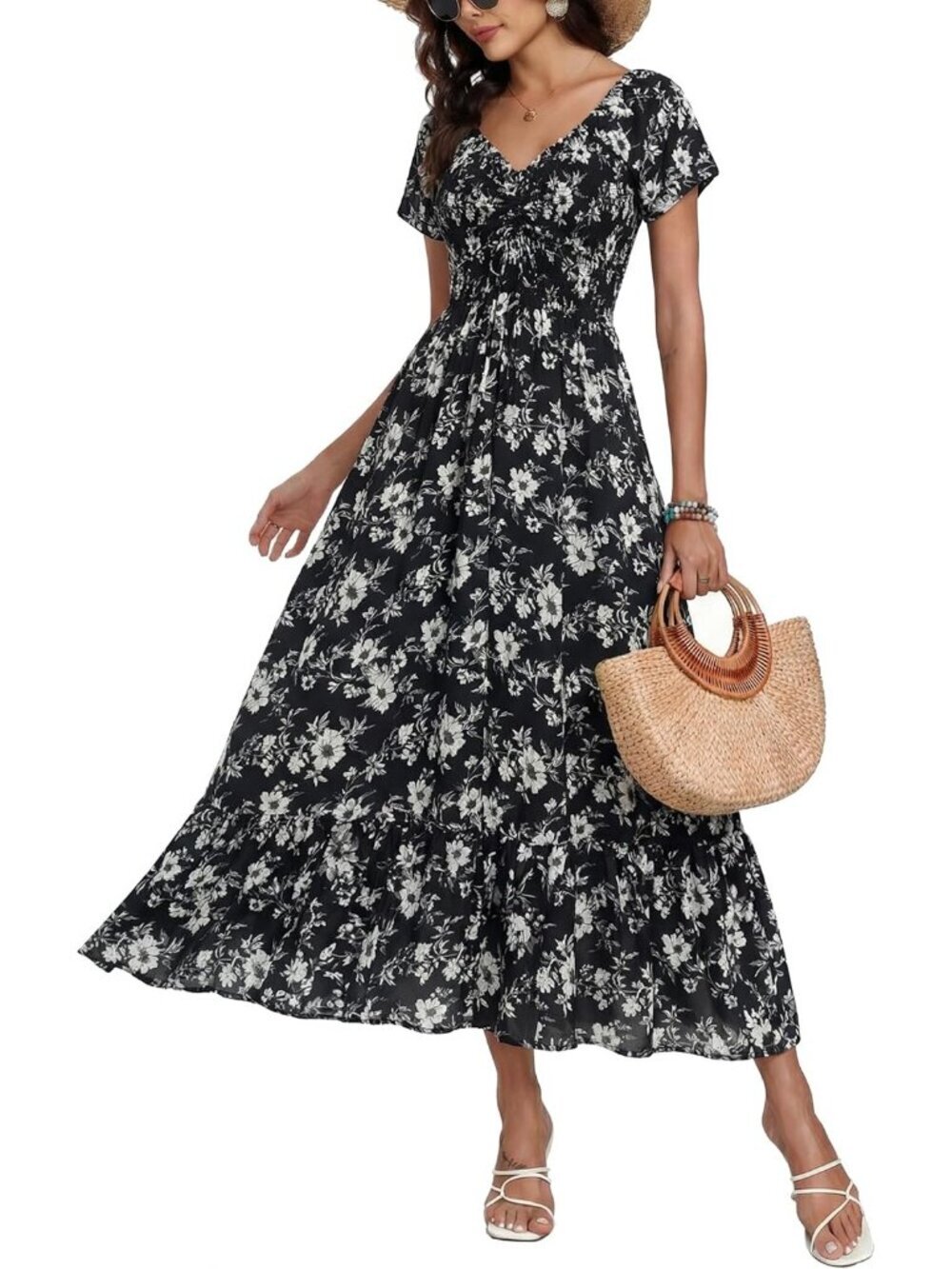Women's Black White Flower Flowy Ruffled Beach Short Lightweight Maxi Dress